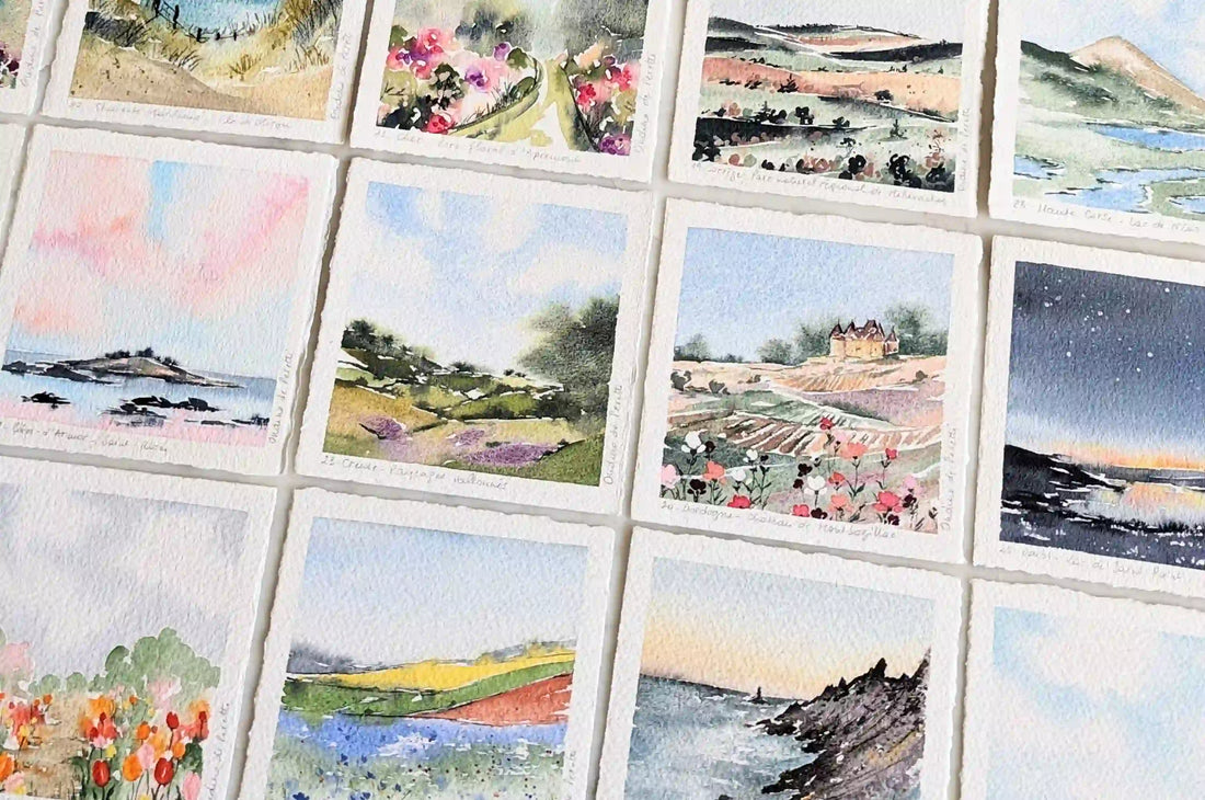 départements français à l'aquarelle minimaliste