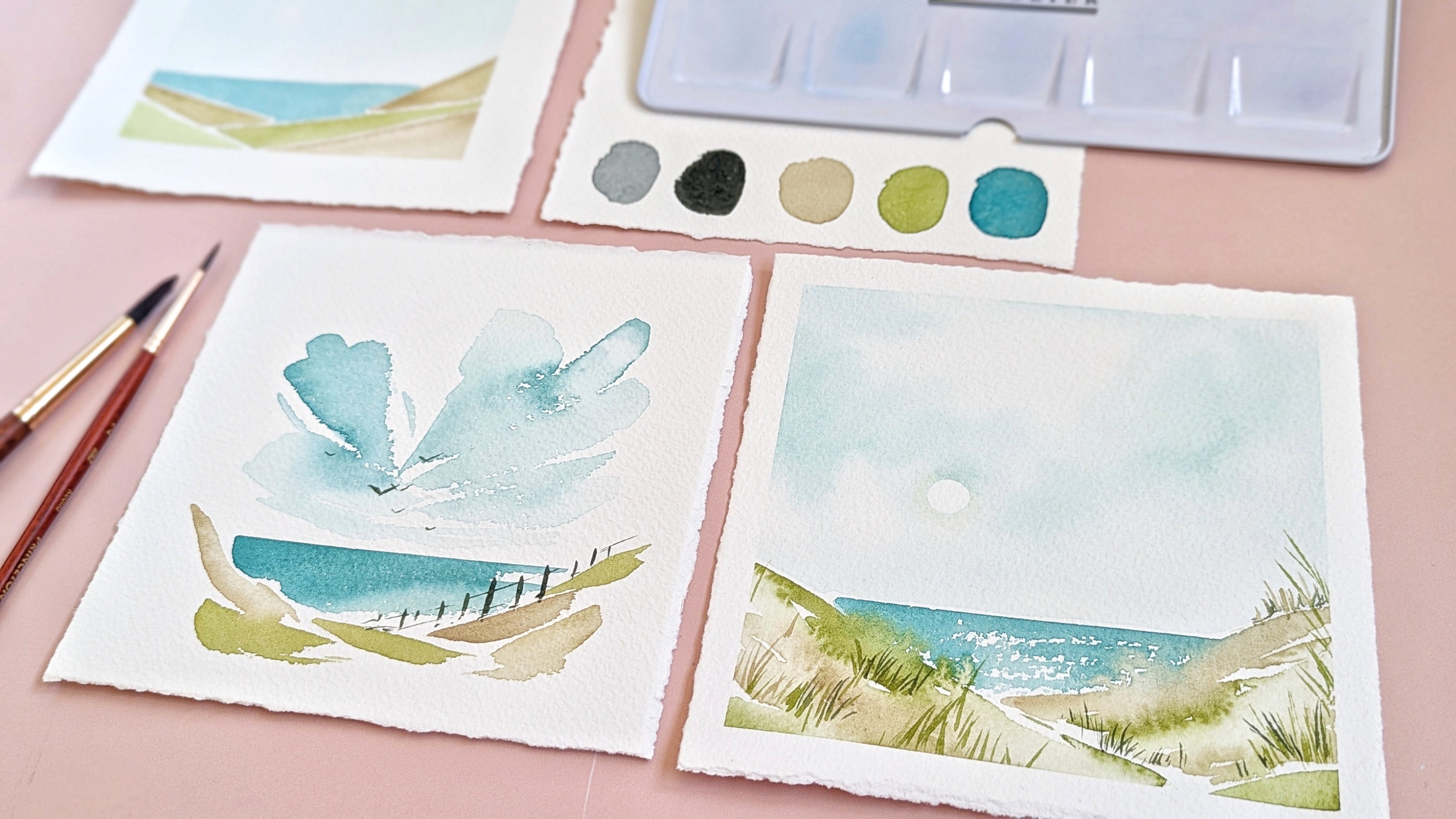 trois paysages aquarelle minimalistes montrant diverses techniques, palette pour mini-cours gratuit