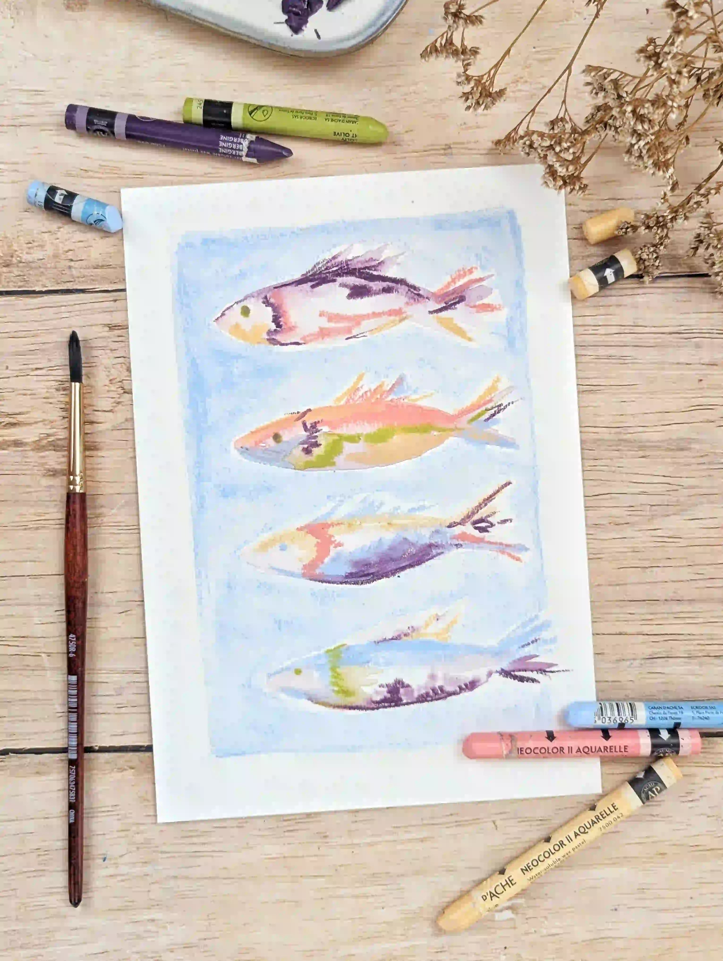 modèle poissons colorés pastels aquarellables